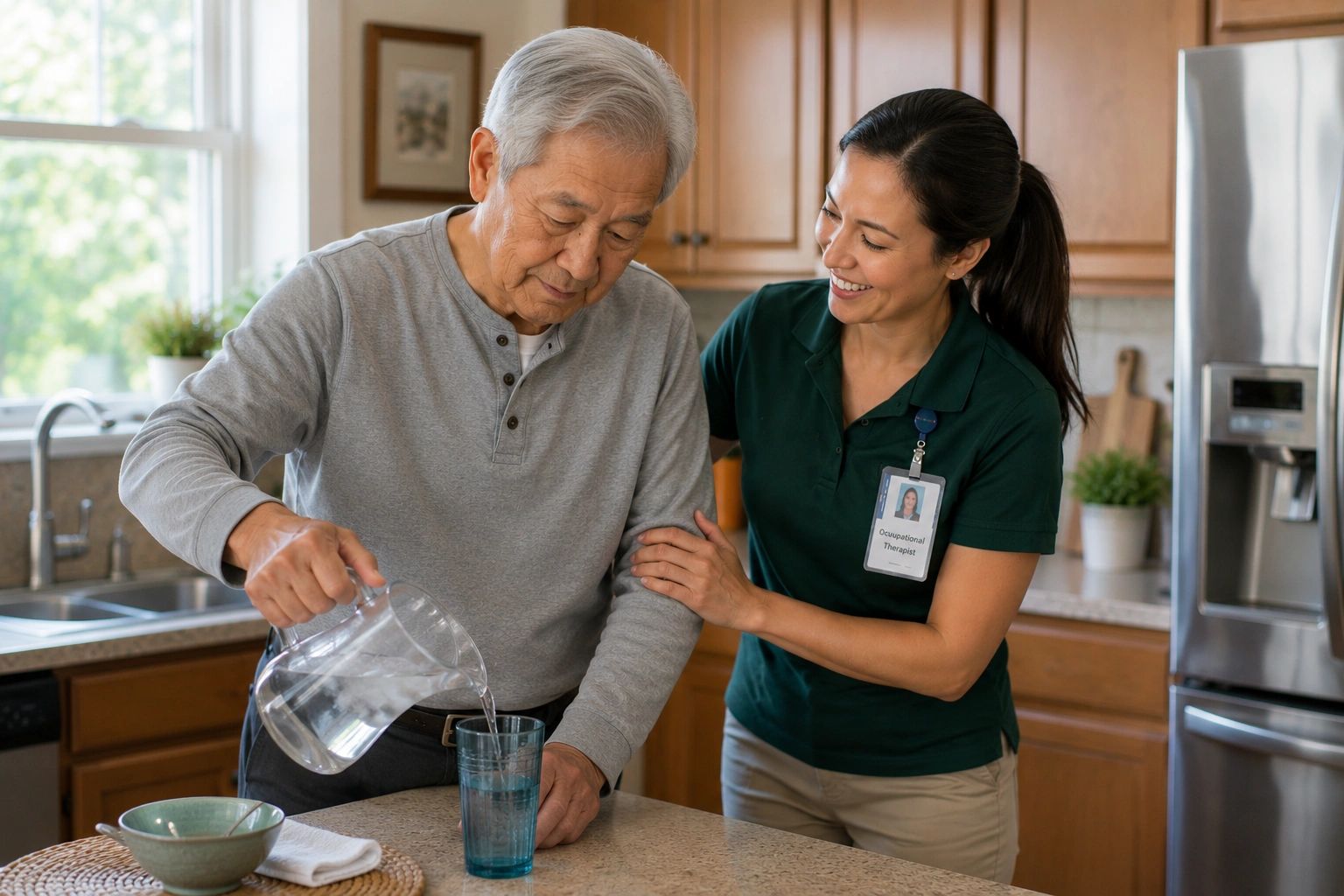 Caregiver helping elderly man in kitchen