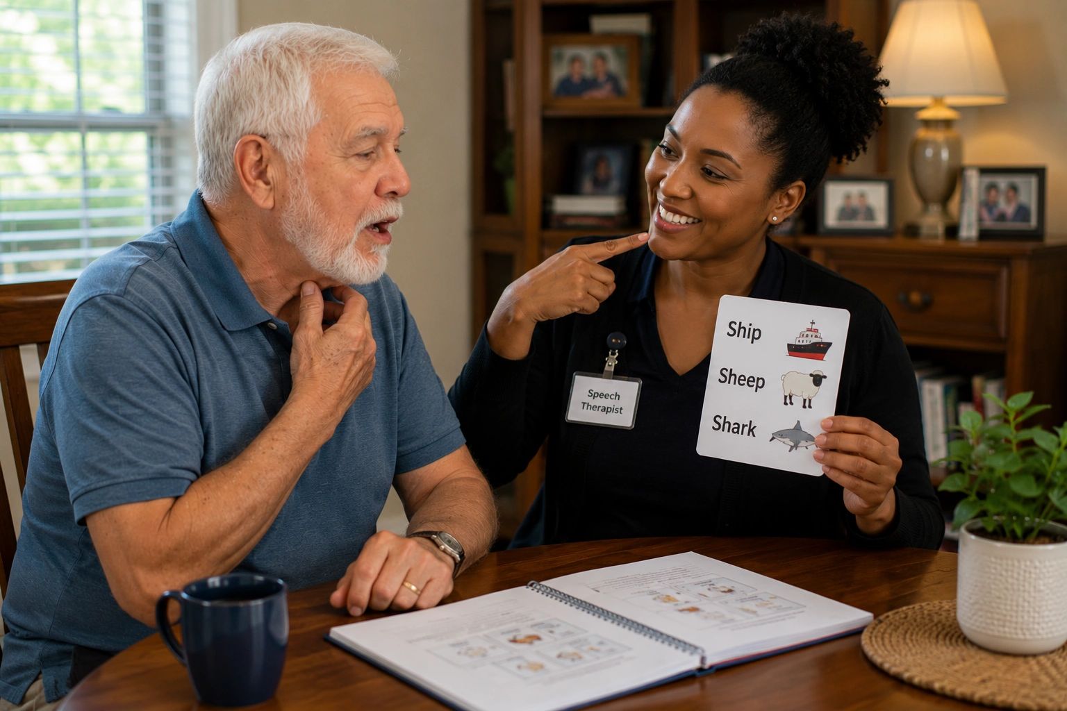 Speech therapist working with elderly patient