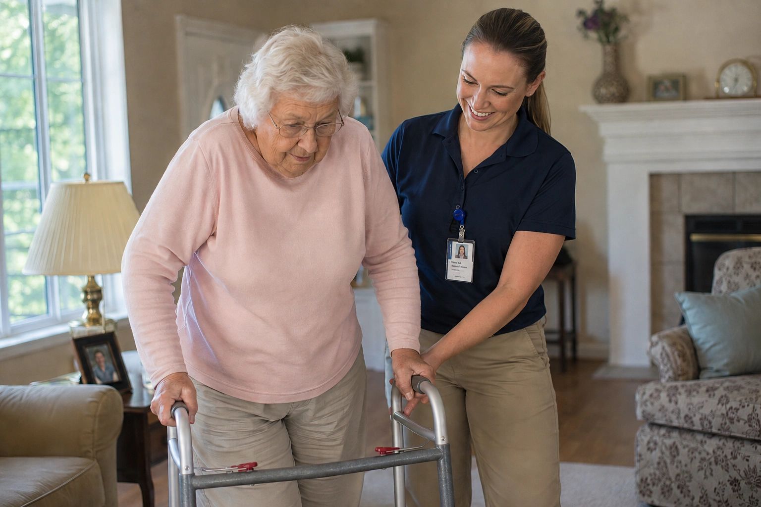 Caregiver assisting elderly woman with walker